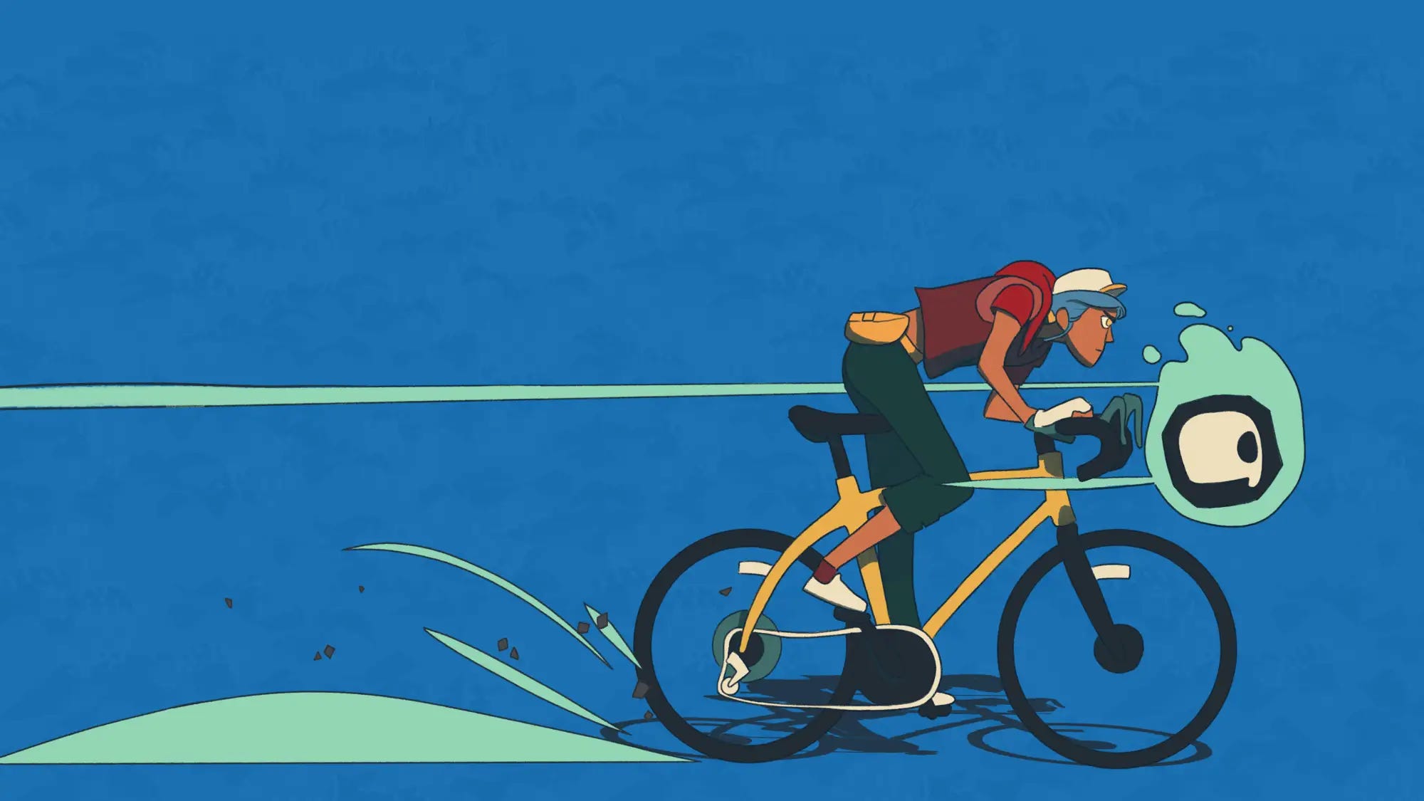 Wheel World key art showing a cyclist dashing left to right closely following a little ghostly skull, against sky blue wash of a background