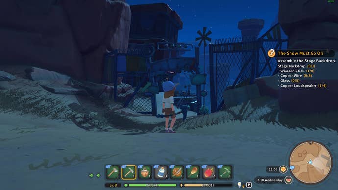 My Time at Sandrock aluminum scraps: An animated young man stands outside a scrapyard in the middle of a barren valley