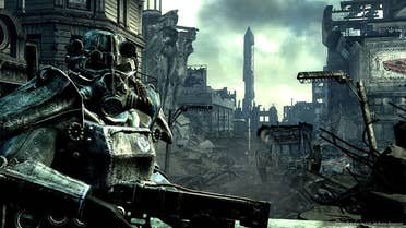A Brotherhood of Steel Paladin up in Juice Armour holdin a laser rifle up in Fallout 3