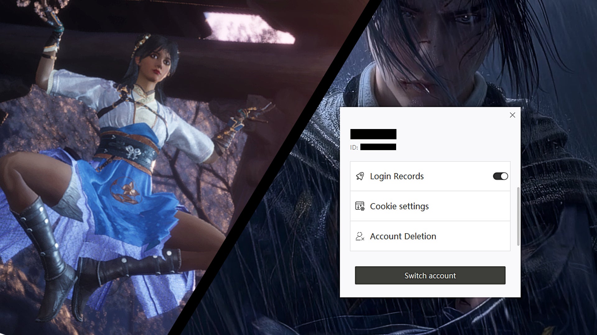 A composite image showing a Where Winds Meet character making a goofy pose, alongside the account deletion option in the main menu. - 1