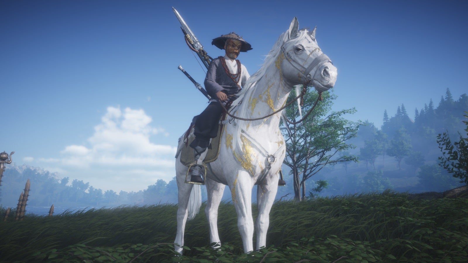 A character in Where Winds Meet sits atop a bold-looking white horse. - 1