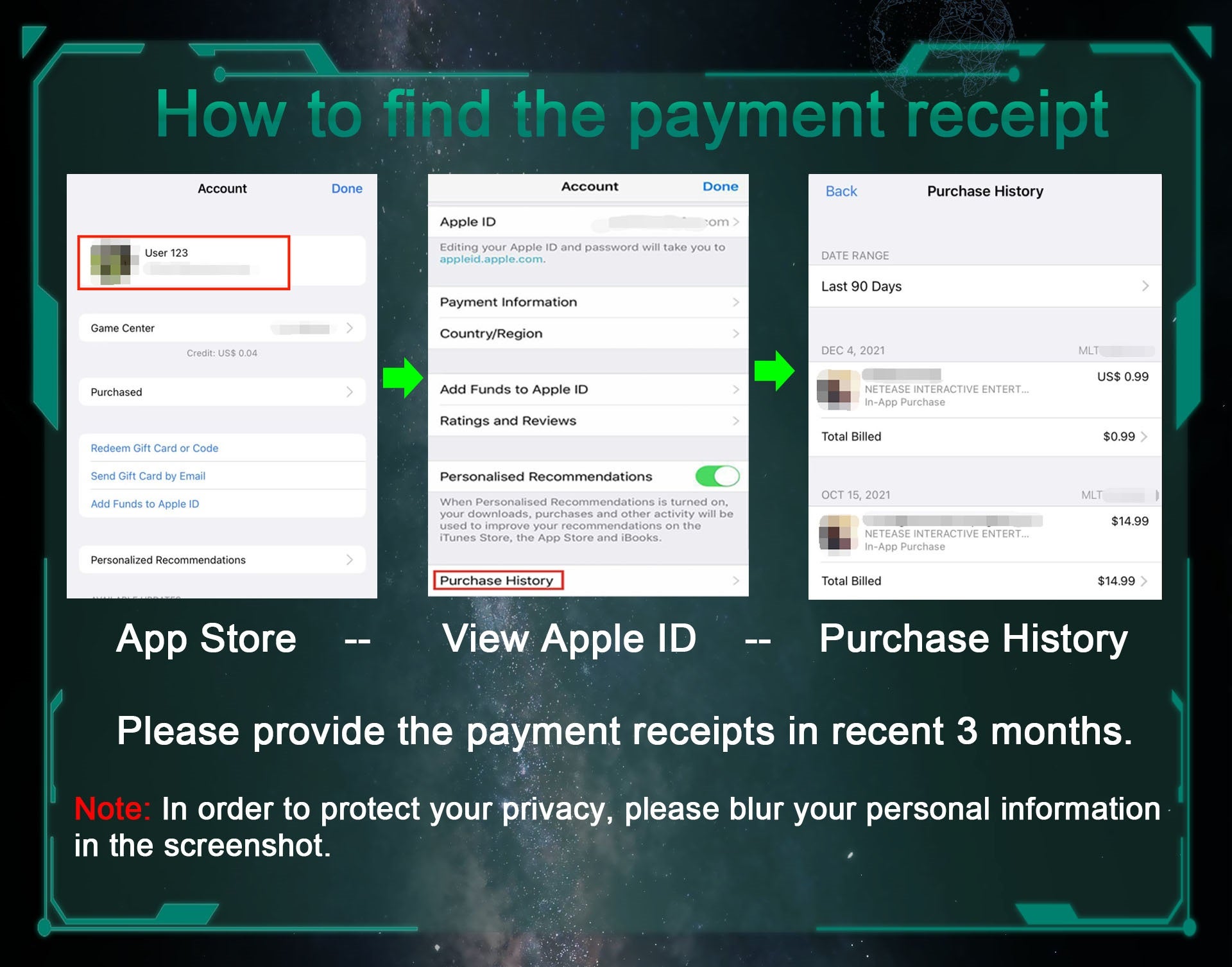 A baffling series of steps telling players to screenshot their Apple ID payment history to provide proof of their Where Winds Meet account. - 4