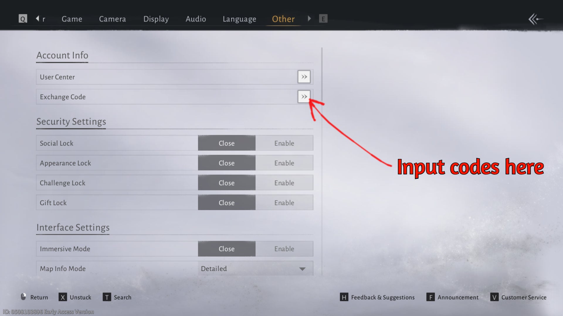 The Exchange Codes input option in the Where Winds Meet Settings menu. - 4
