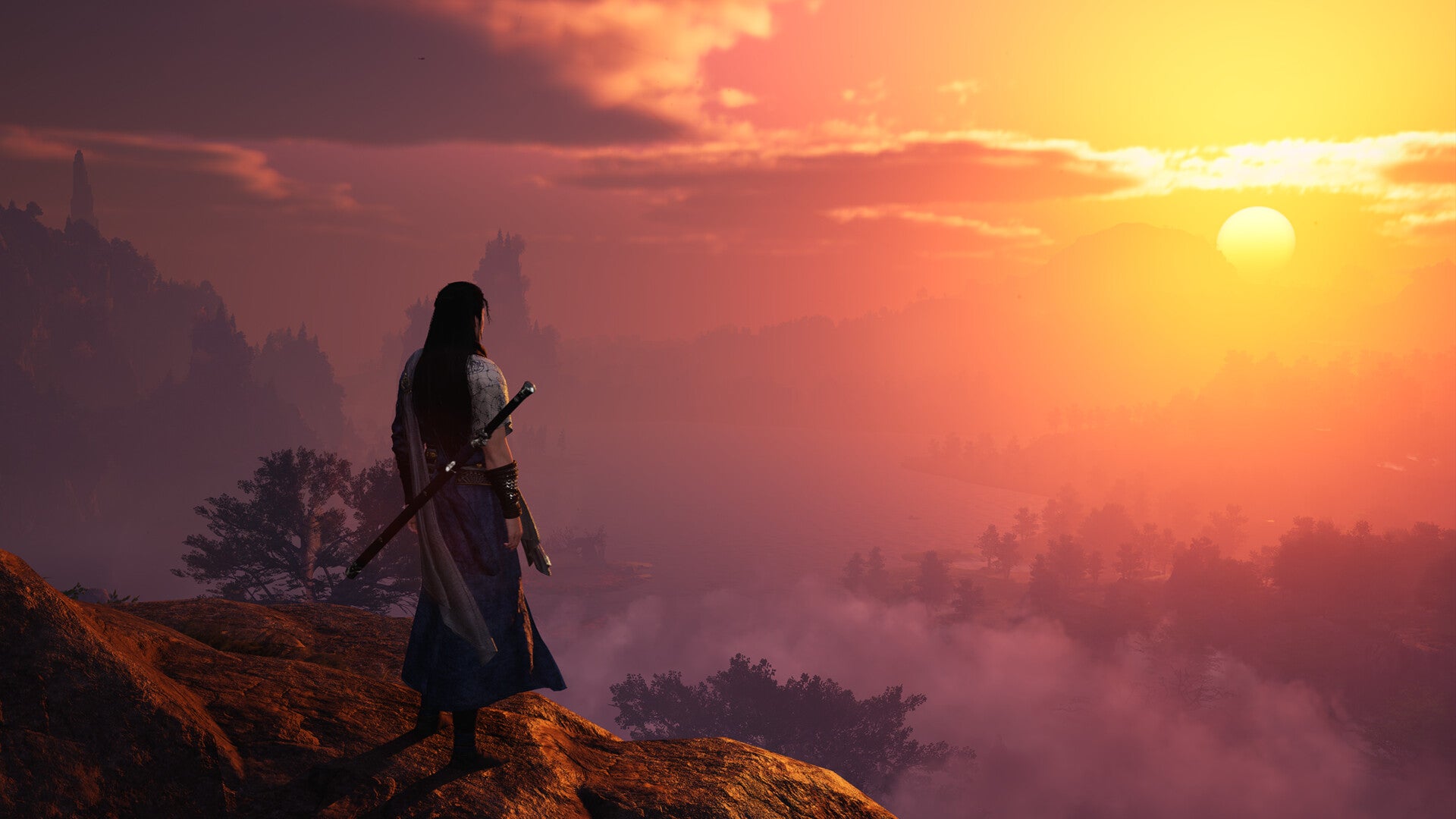 A Wuxia warrior looking out over a sunset in Where Winds Meet. - 1