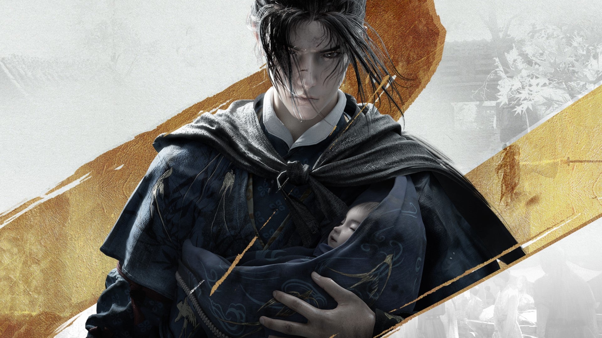 A robed warrior cradles a baby in Where Winds Meet.