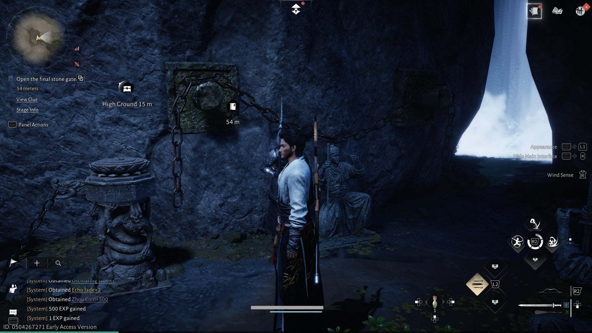 The main character pulling a secret chain behind a waterfall during the Echoes of Old Battles quest in Where Winds Meet. - 9