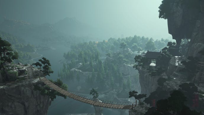 A rope bridge connects the mountainous Guardian Hold in Where Winds Meet.