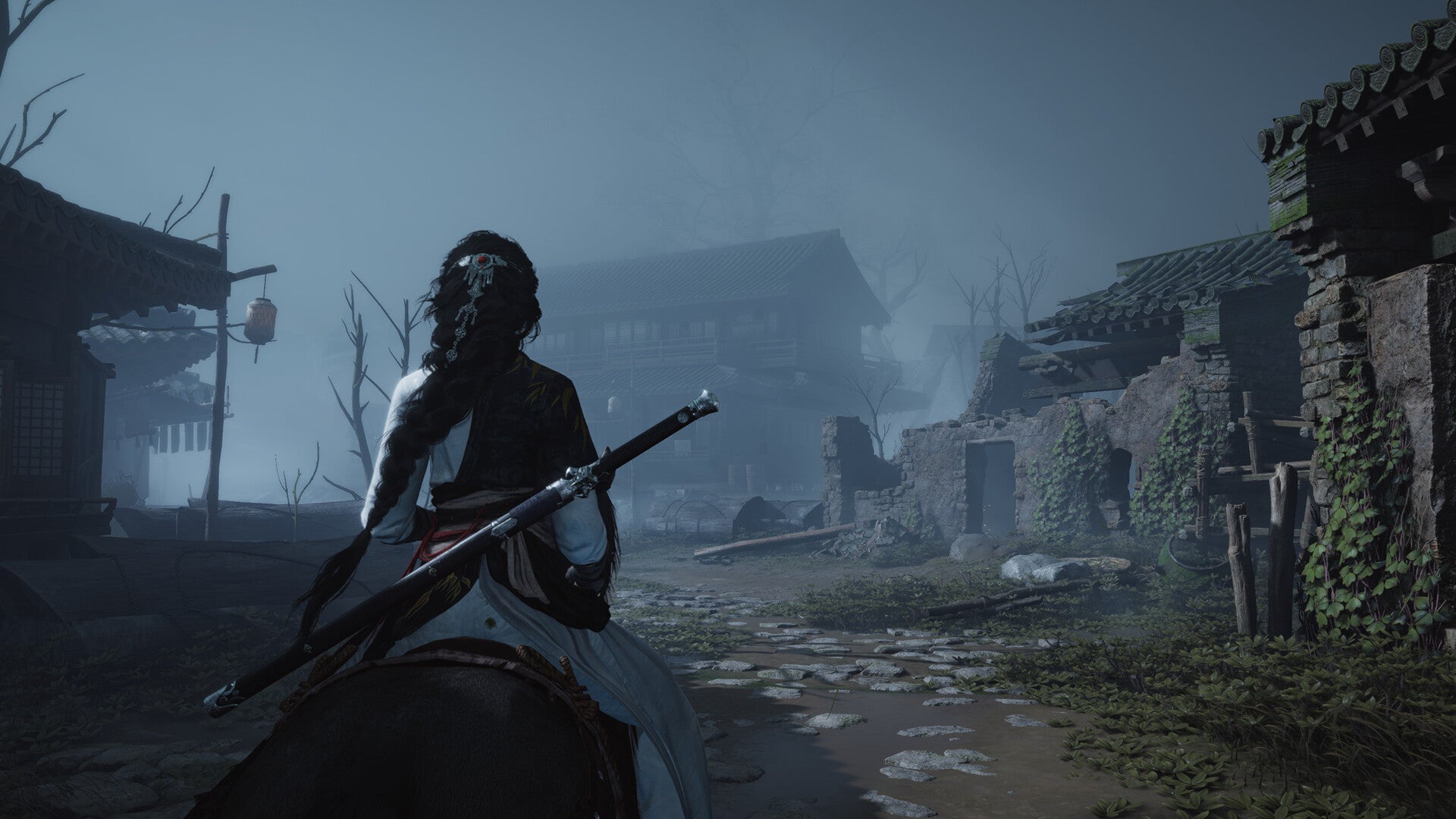 A martial artist riding a horse through an abandoned village in Where Winds Meet. - 1