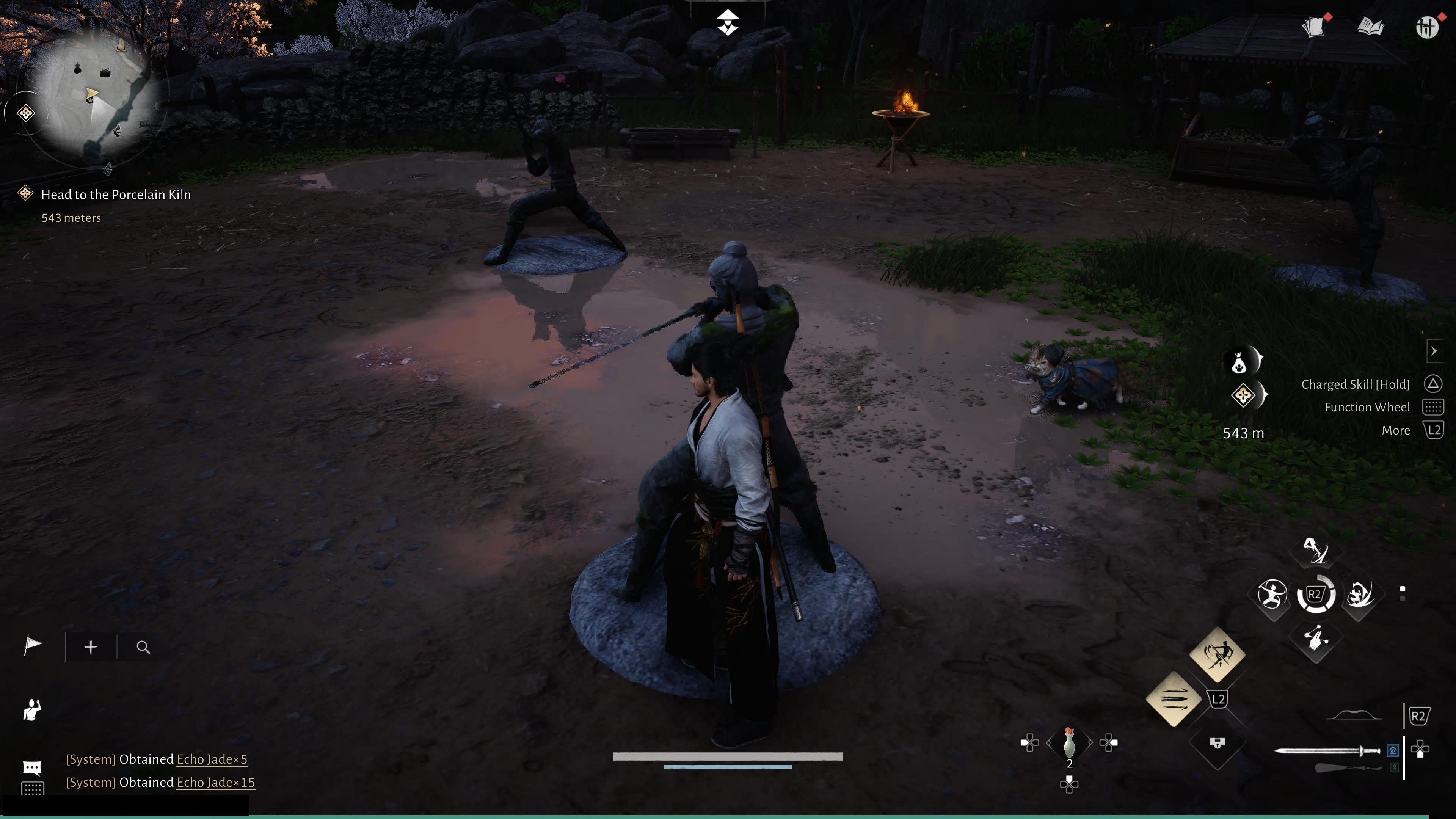 The main character in Where Winds Meet moving a statue to complete one of Meow Meow's Treasure puzzles. - 3