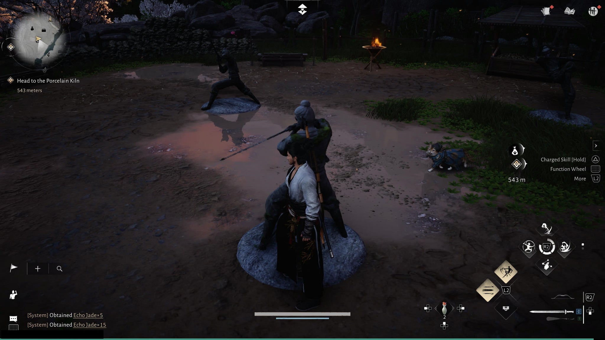 The main character in Where Winds Meet moving a statue to complete one of Meow Meow's Treasure puzzles. - 3