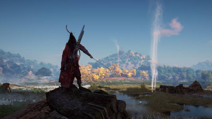 A warrior stands at a cliff edge, overlooking two smoke signals in Where Winds Meet.