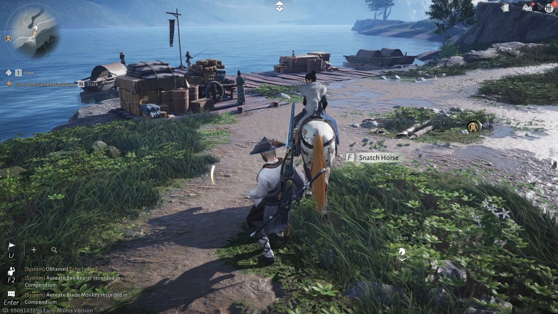 A character prepares to snatch a horse from an NPC in Where Winds Meet. - 4