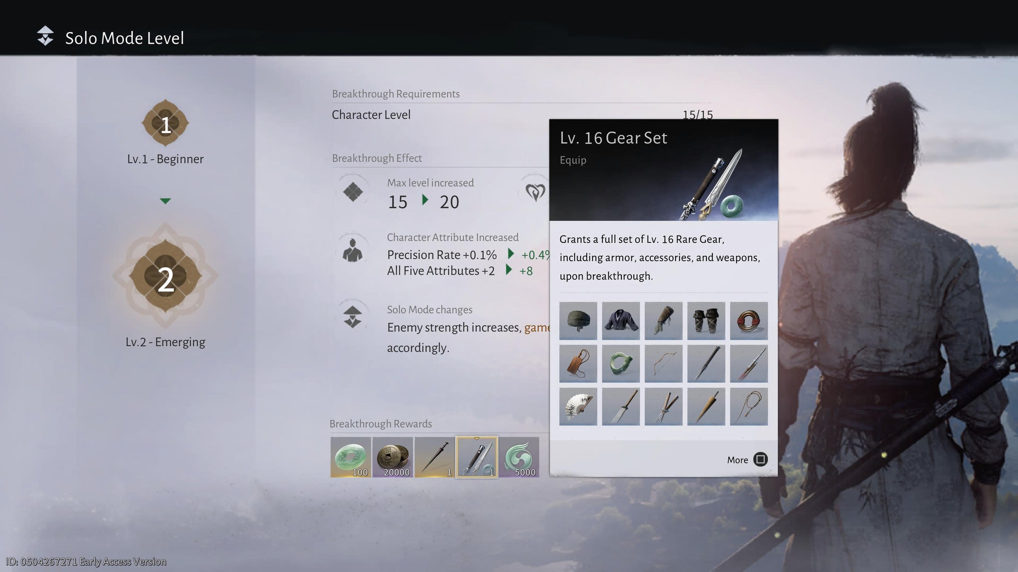 The Solo Mode Level Upgrade screen in Where Winds Meet. - 3