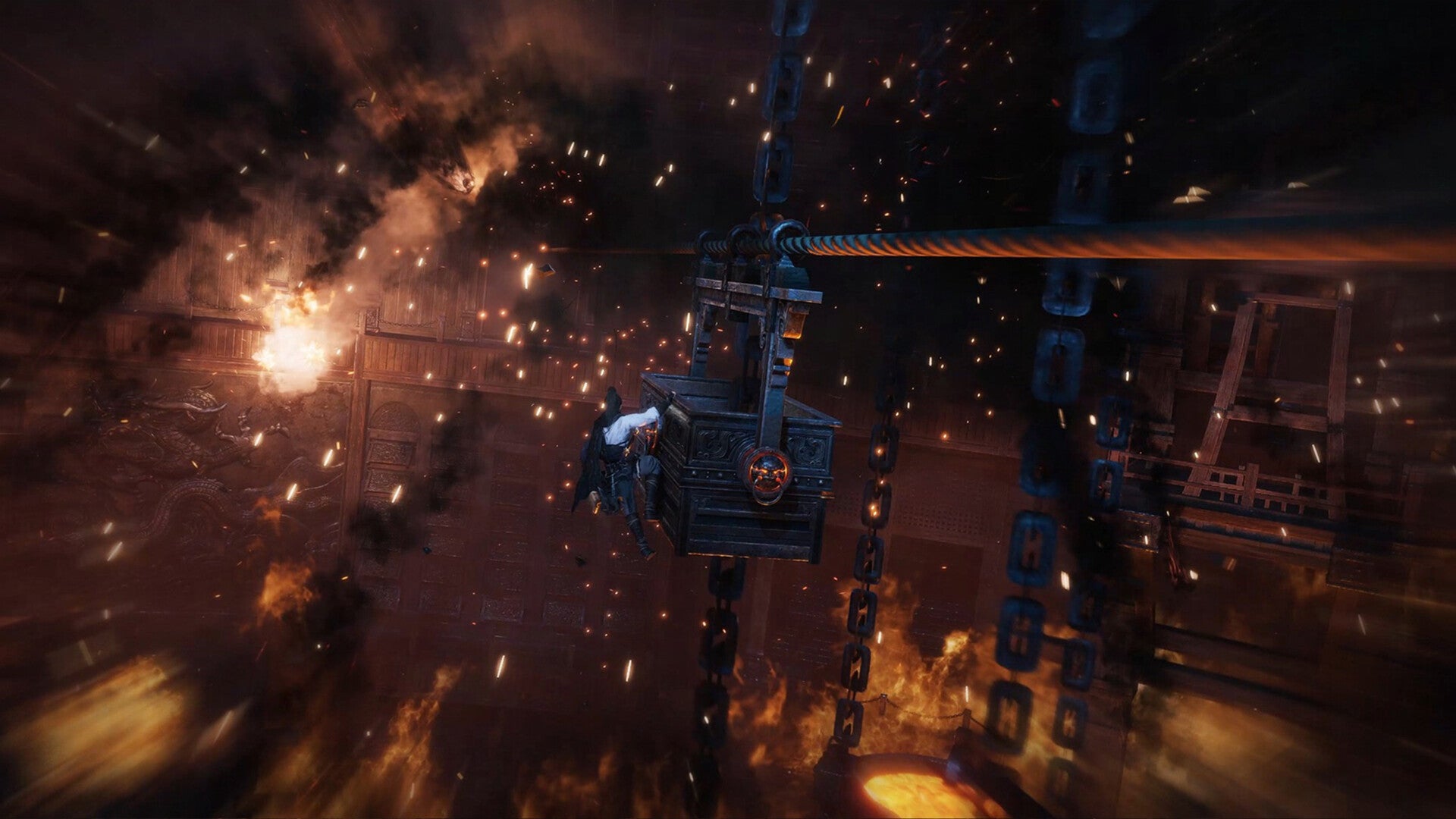 A warrior holding onto the side of a falling platform in Where Winds Meet. - 1