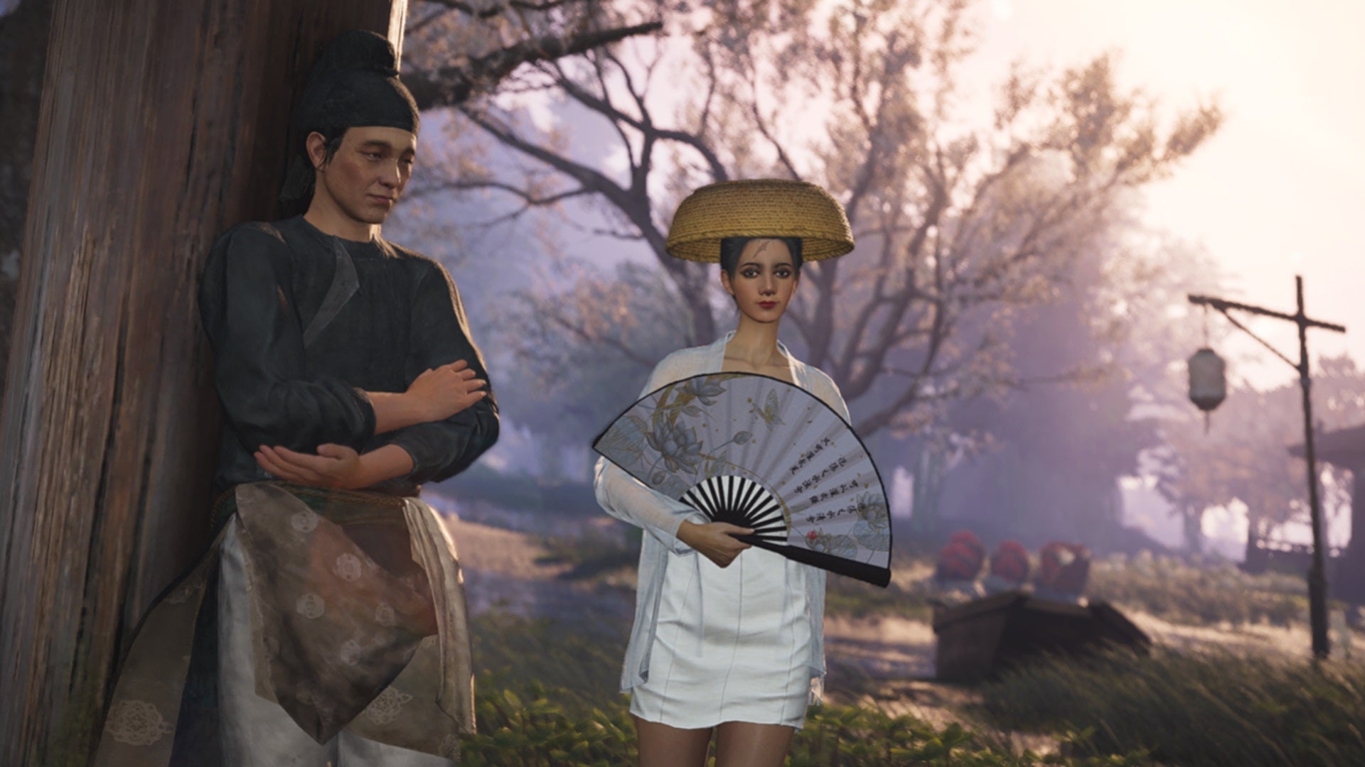 An NPC stands next to a player wearing a conical hat and holding a fan in Where Winds Meet. - 1