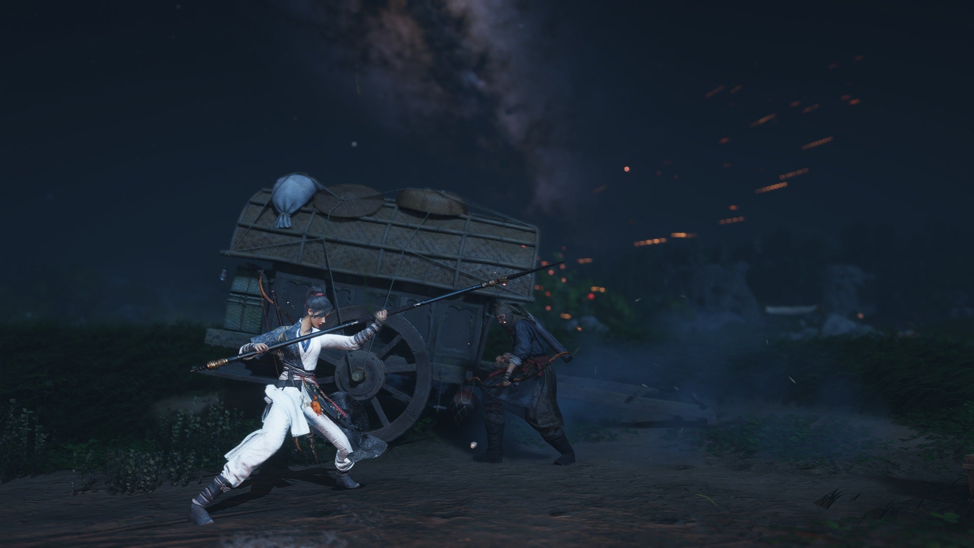 A female hero in Where Winds Meet uses a huge spear against a bandit. - 1