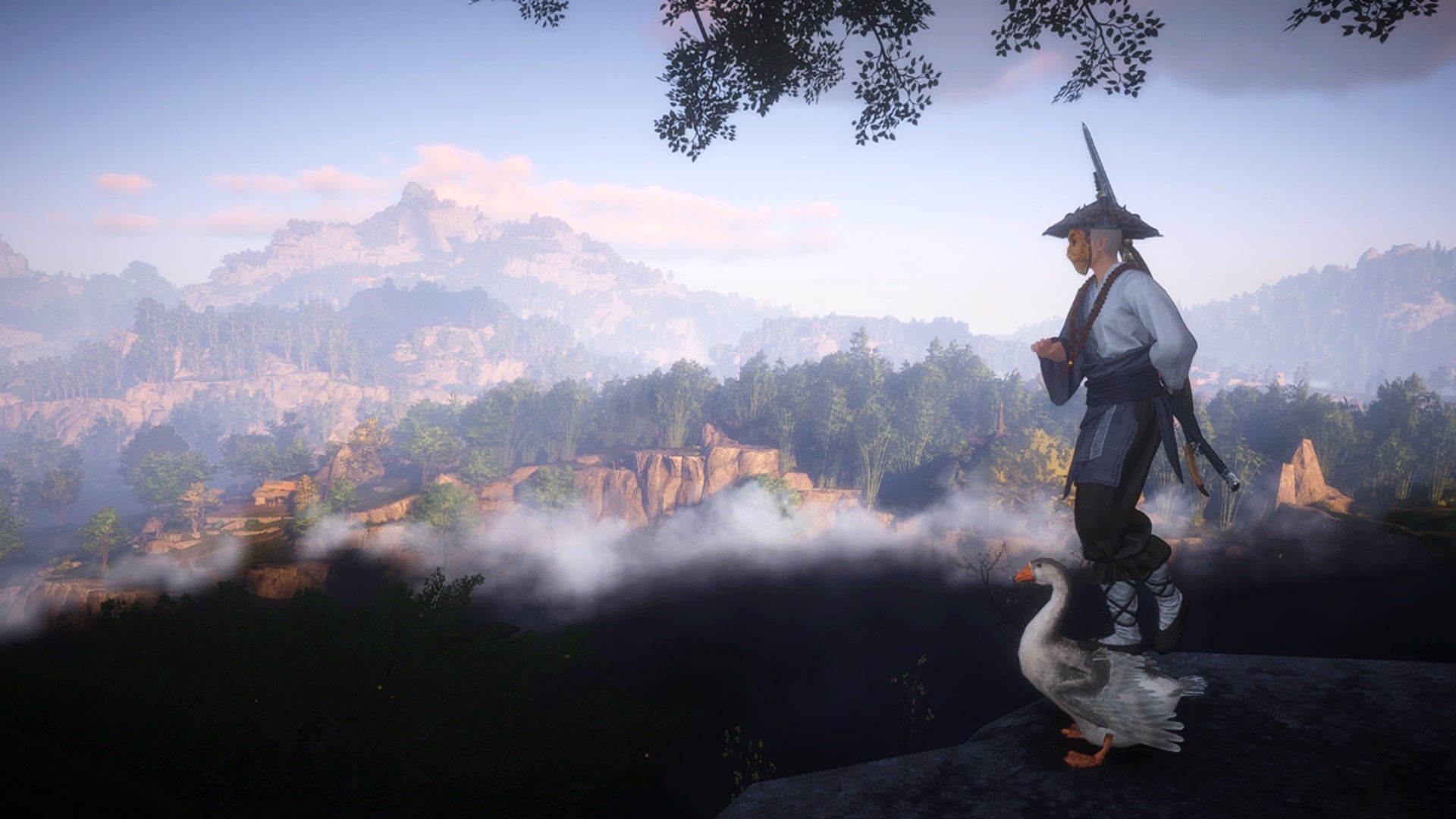 A masked monk character in Where Winds Meet stands on his goose mount, observing the world around him. - 1