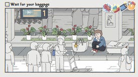 A man sits on a baggage carousel in While Waiting