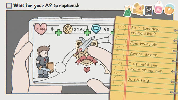 A notebook of hints sits on top of an in-game phone screen in While Waiting