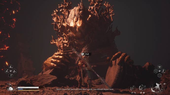 The Destined One stands before a fallen Element Cart with a whip hanging from it in Chapter 5 of Black Myth: Wukong. The whip is pullable.