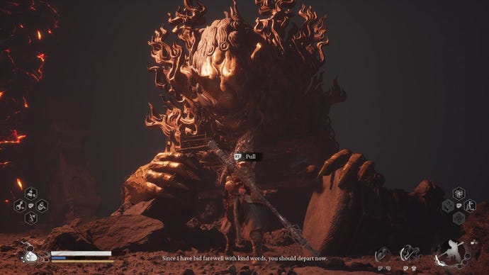 The Destined One stands before a fallen Element Cart with a whip hanging from it in Chapter 5 of Black Myth: Wukong. The whip is pullable.