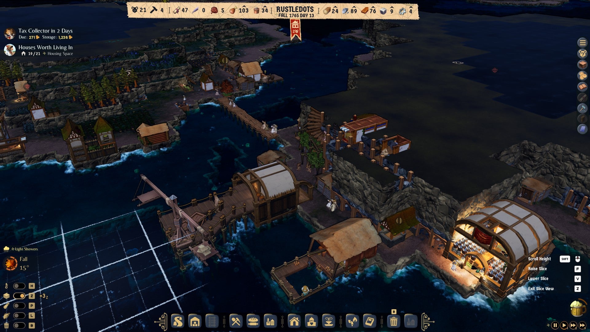 A port town at nightime in Whiskerwood.