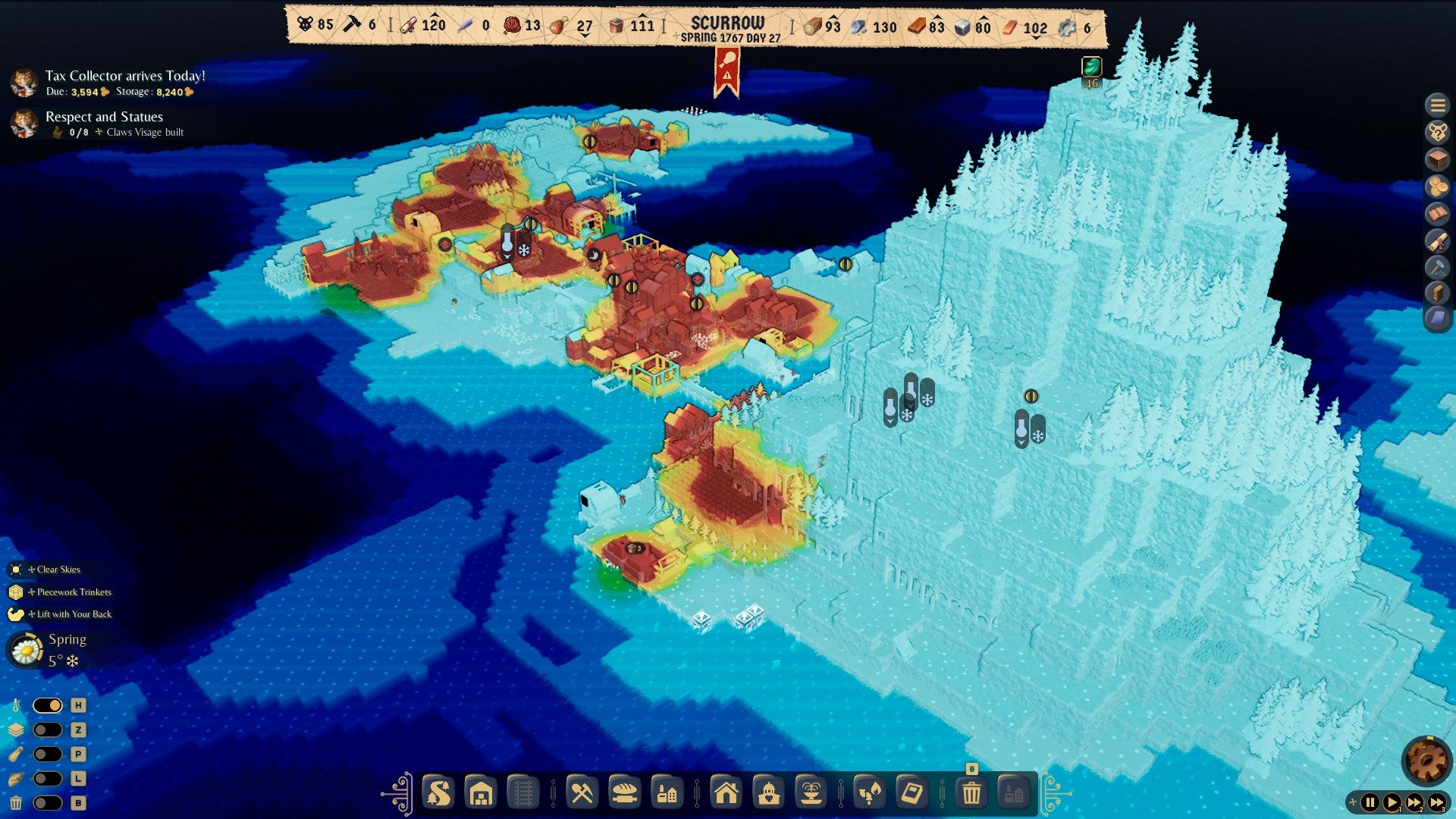 A heatmap view of a town in in Whiskerwood, with activity concentrated around the buildings.