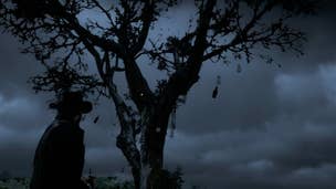 Arthur Morgan standing by the Whisky Tree at night in Red Dead Redemption 2.