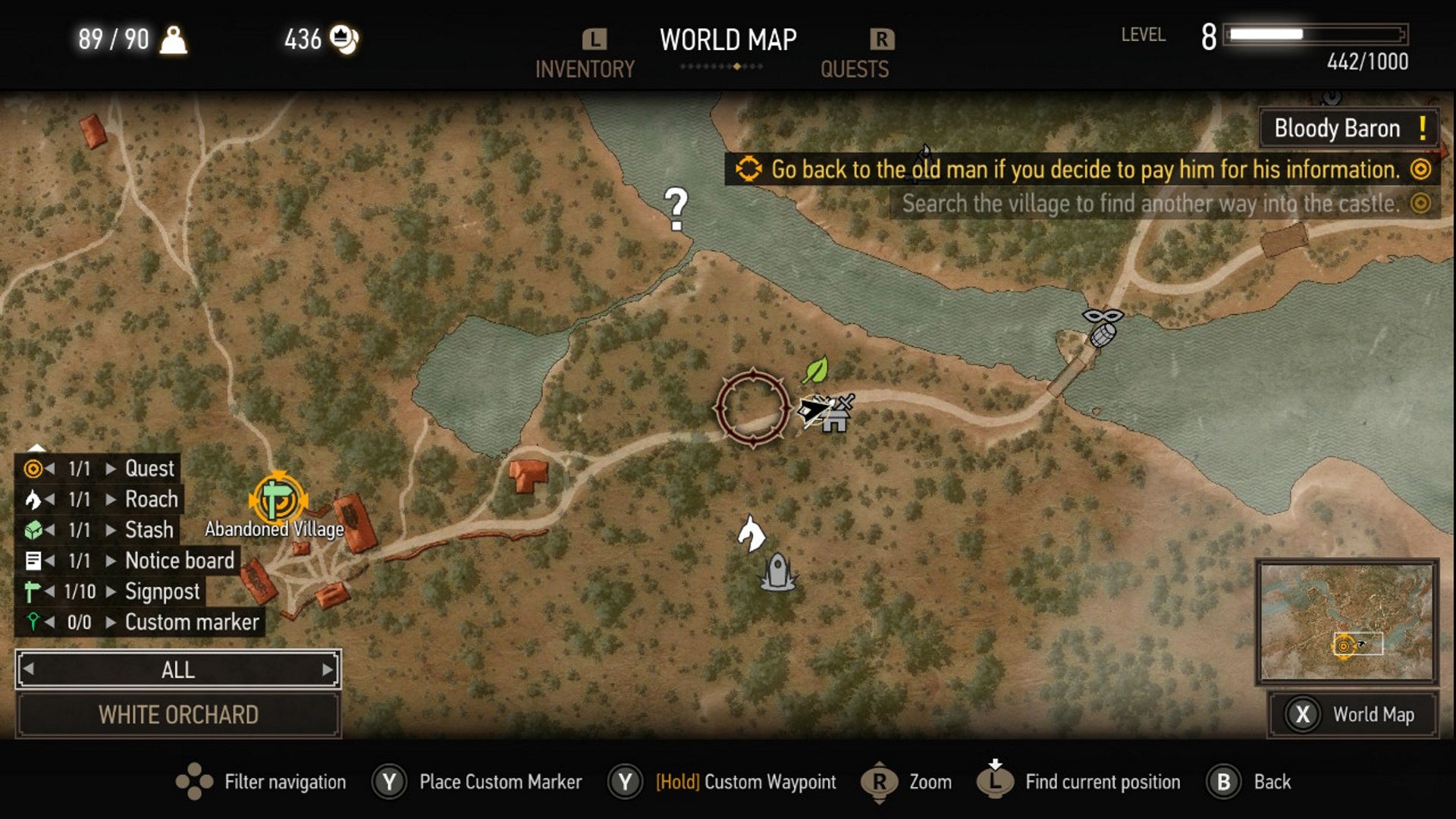 Witcher 3 alchemy: A map is shown with a cursor on a road in White Orchard. It hovers over a leaf icon, indicating an herbalist location east of the abandoned village - 6
