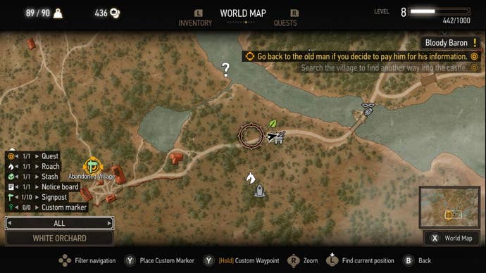 Witcher 3 alchemy: A map is shown with a cursor on a road in White Orchard. It hovers over a leaf icon, indicating an herbalist location east of the abandoned village