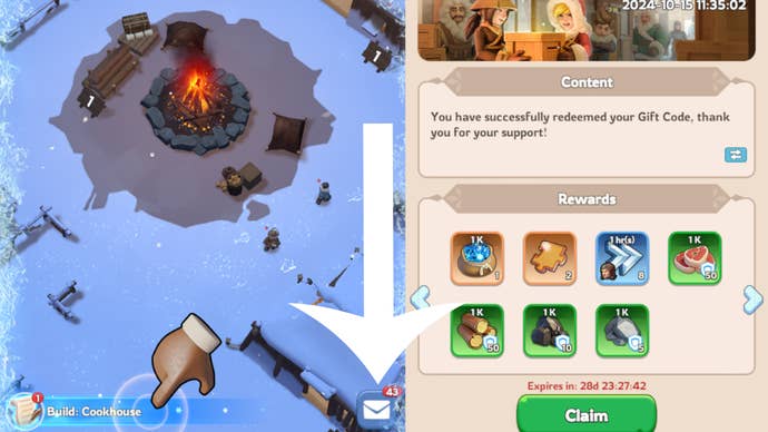Arrow pointing at the Mail button in Whiteout Survival, and the inbox screen used for claiming gift code rewards.