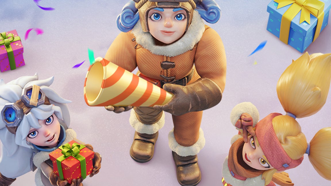 Whiteout Survival artwork showing a trio of characters wearing warm clothes that will keep them safe in arctic conditions, standing in a snowy region while holding presents. - 1