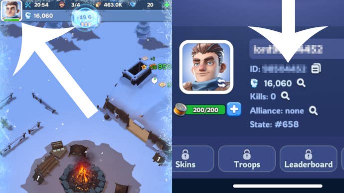 Arrows pointing at the buttons players need to press to find their Player ID in Whiteout Survival.