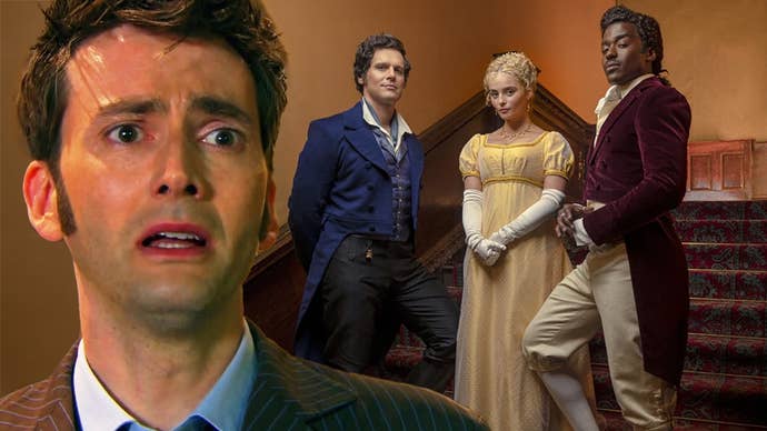 Doctor Who “Rogue” header - the current Tardis team in Regency garb, with David Tennant in view.