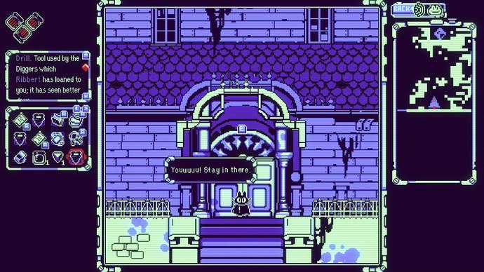 A feline stands astatine the doorway of a purple derelict mansion.