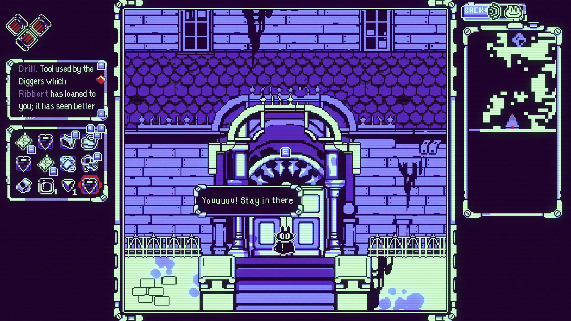 A cat stands at the door of a purple derelict mansion. - 1