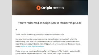 Wiadomość od EA: "Origin - You've redeemed an Origin Access Membership Code"