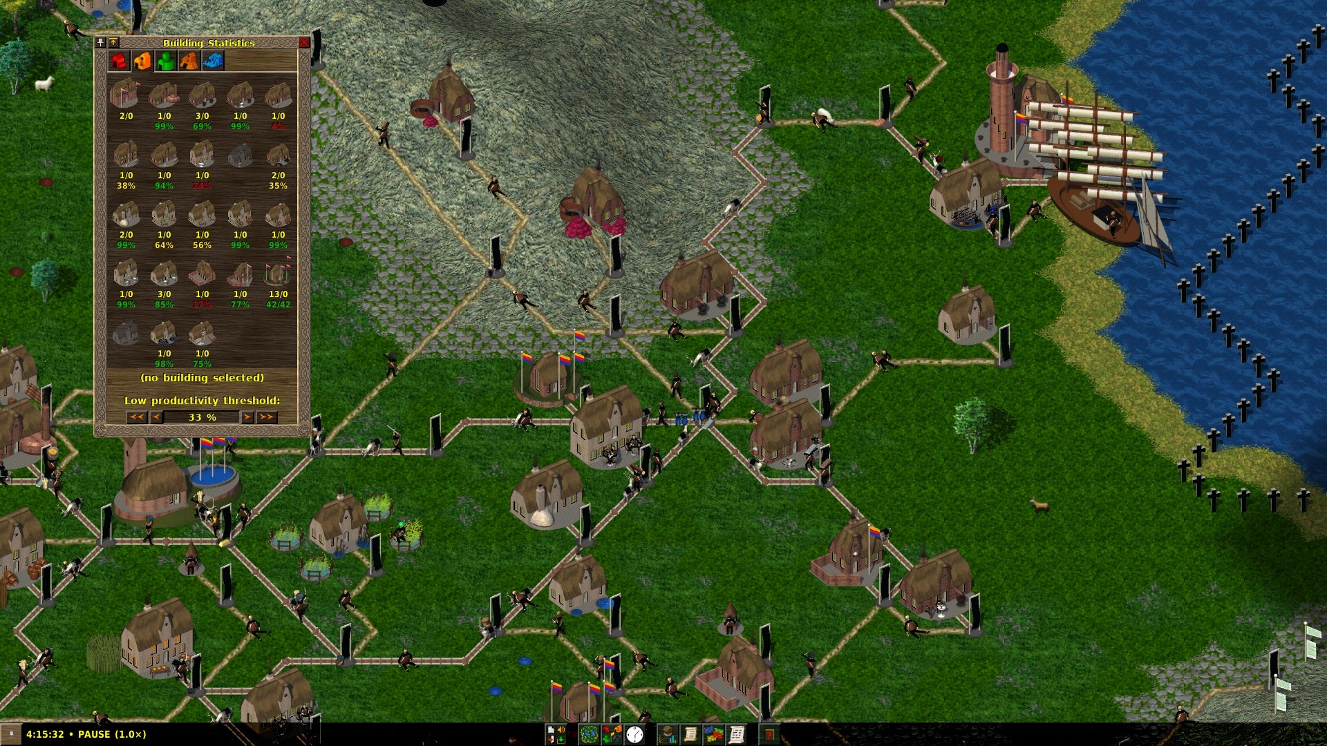 Houses linked by paths across green fields in Widelands. - 1