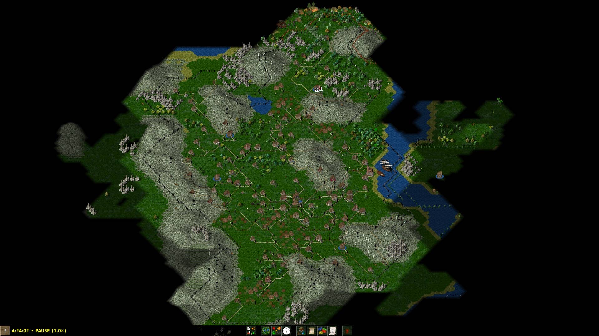 A zoom-out scene of dotted green land with homes and hills.