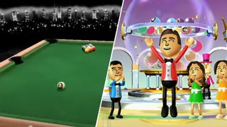 The billiards table in Wii Play, next to some Miis celebrating.