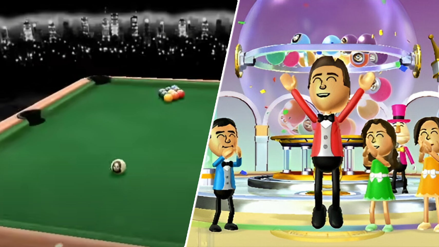 The billiards table in Wii Play, next to some Miis celebrating. - 1