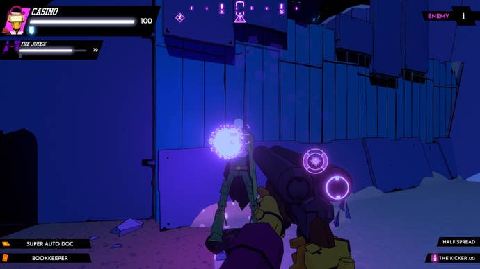 The player fires a shotgun at a bushwhacker amid the purple haze of night.