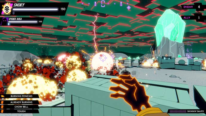 Explosions burn the surface of a planet as lightning strikes in the distance.