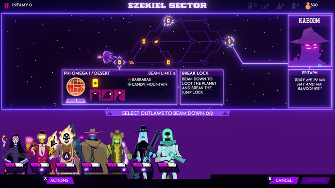 The interplanetary map screen of Wild Bastards shows the character line-up.