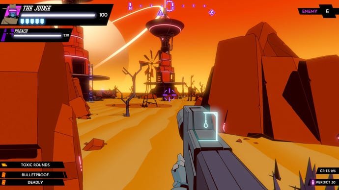 The player looks out at a desert landscape with a tower on the horizon.