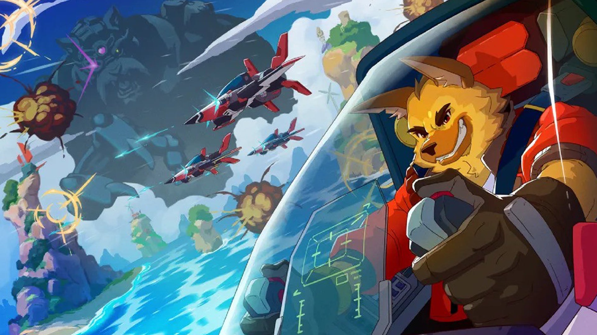 An anthropomorphic dog person is piloting a spaceship, other ships in the background alongside a giant, mustachioed, robot cat person in key art for Wild Blue. - 1