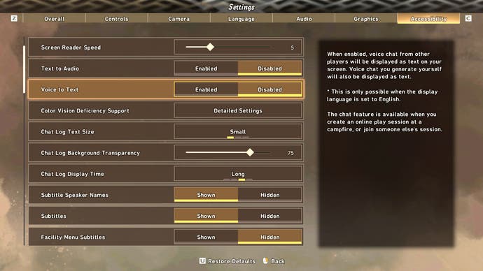 Wild Hearts review - the accessibility options screen highlighting the voice-to-text toggle