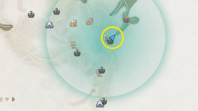 Part of the map of Akikure Canyon in Wild Hearts, showing the easiest access to the underground section of the region.