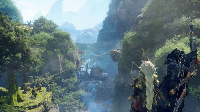 A bunch of hunters stand overlooking a mountain vista in Wild Hearts.