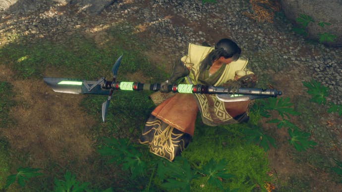 Wild Hearts image showing a player wielding the Karakuri Staff.